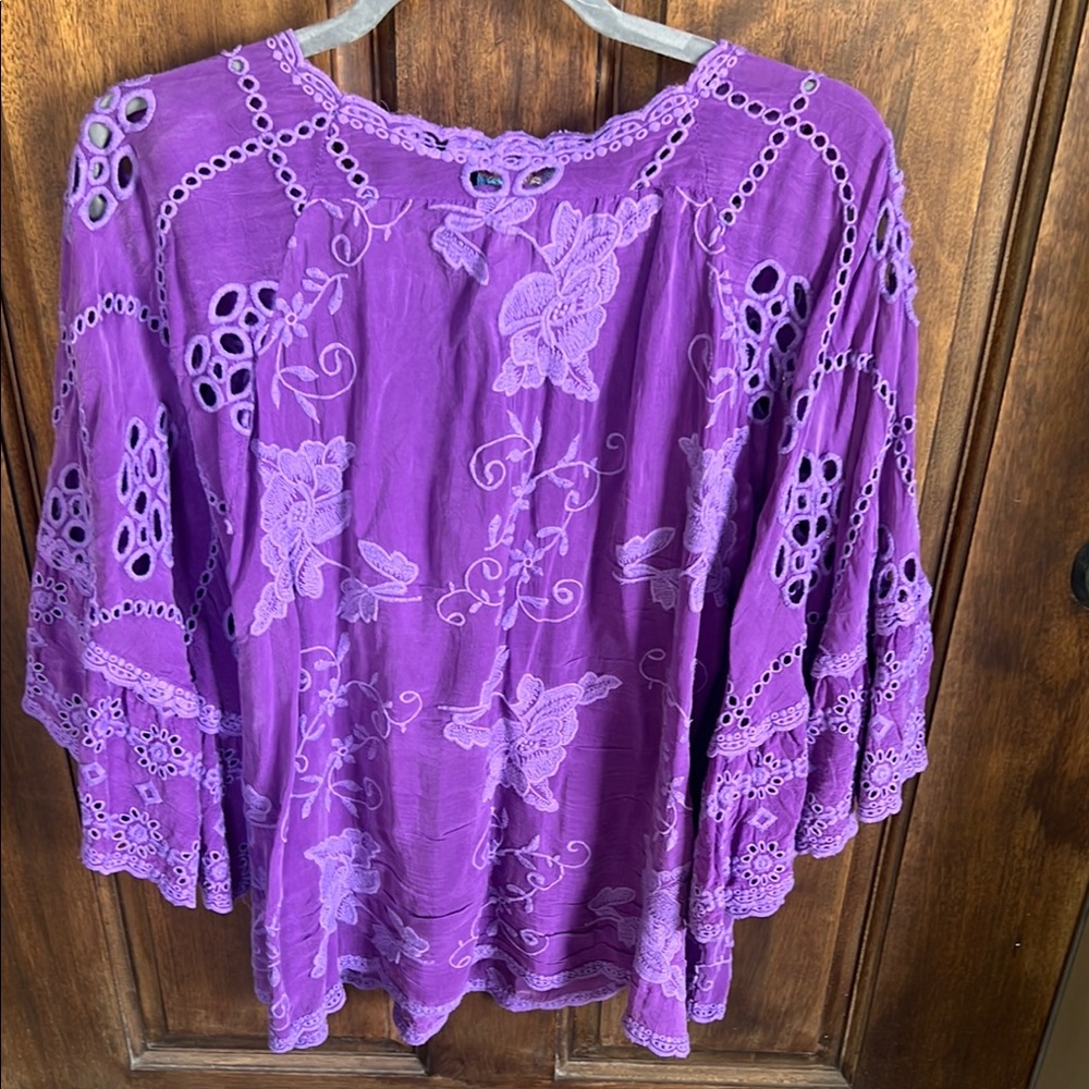 Johnny Was Purple Flutter Sleeve Blouse with Ruffled Details - Picture 6 of 7